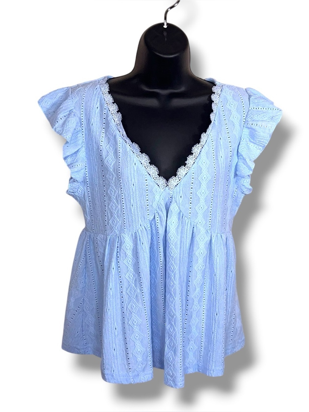 Medium Poeselle Pastel Blue Top Ruffle Sleeve Stretch Lace Trim Vneck